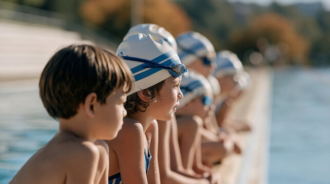 Swim team junior squad standing at the edge of an empty desolate outdoor lido pool in early autumn, wide establishing shot capturing the full length of the facility, children in