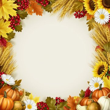 Rustic Autumn Harvest Frame with Pumpkins, Sunflowers, Wheat and Red Berries on Warm Background