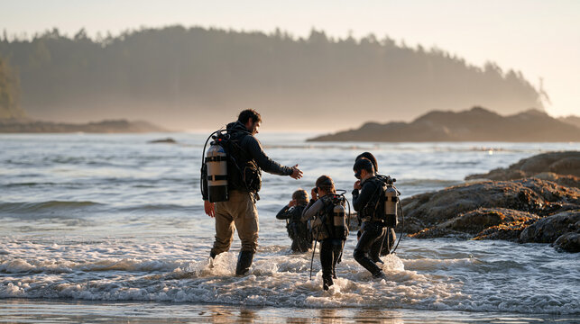 Diving instructor and family group wading into misty early morning coastal waters, the instructor gesturing calmly toward a submerged reef zone as young children and a parent
