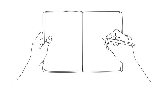 animated continuous line drawing of hands holding an open blank notebook and writing with a pen, journaling, education, planning or writing, line art animation