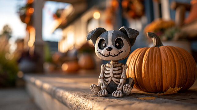 Small dog skeleton figurine sitting on porch next to a decorative pumpkin with skeleton