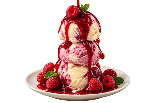 Raspberry Ice Cream Sundae with Dripping Berry Sauce and Fresh Raspberries