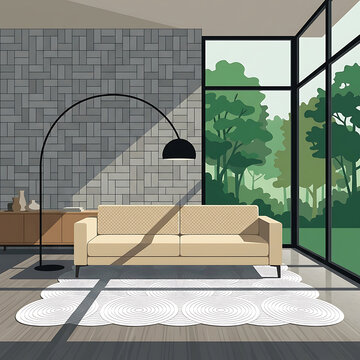 Modern living room interior illustration with a comfortable beige sofa sleek arched lamp and window view of a green forest