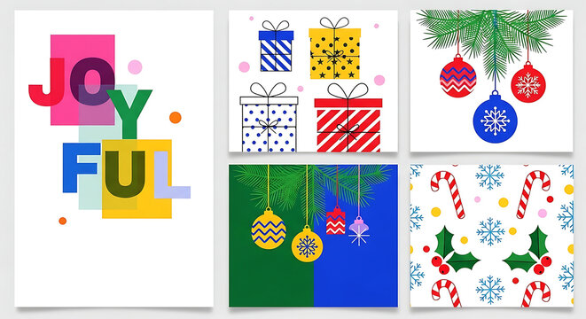 A collection of modern Christmas cards and greeting cards featuring colorful holiday illustrations festive graphics and symbols for a winter