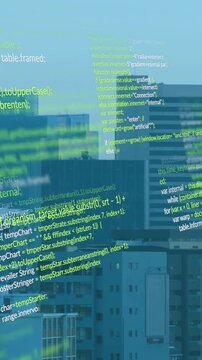 Computer code animation over cityscape with modern buildings