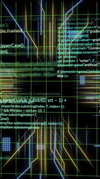 Programming code and data processing animation over grid lines and light beams