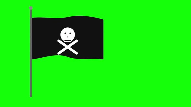 Black pirate flag waving slowly in digital motion animation for broadcast or creative media projects today