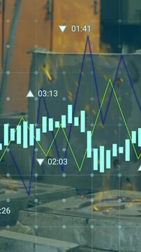 Financial data chart animation over industrial machinery in factory