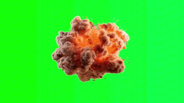 Realistic Fireball Explosion with Thick Smoke and Orange Flames on Green Screen Background