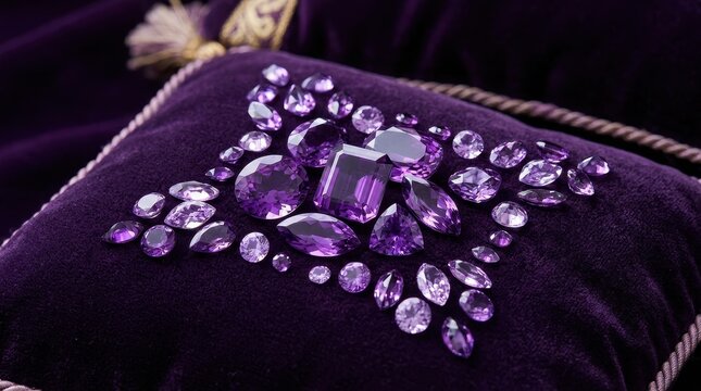 Rich Assortment of Faceted Amethyst Gemstones in Various Purple Shades Displayed on Luxurious Velvet