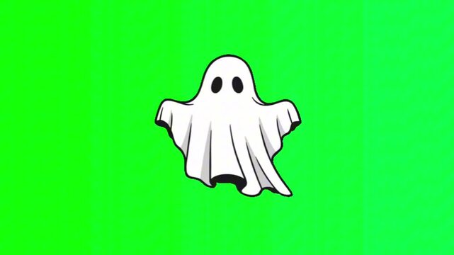 Cute cartoon ghost character flying on chroma key green background for Halloween animation
