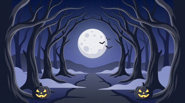Spooky halloween night background with a full moon and glowing jack o lanterns in a dark forest