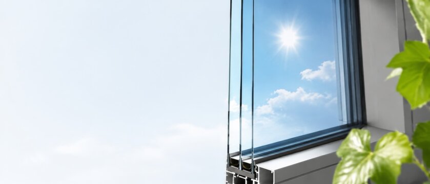 Open window with bright sun and clear blue sky background, concept of summer heatwave