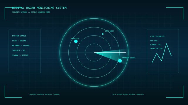 Digital radar scanning animation interface displaying live target telemetry tracking on dark blue background motion footage