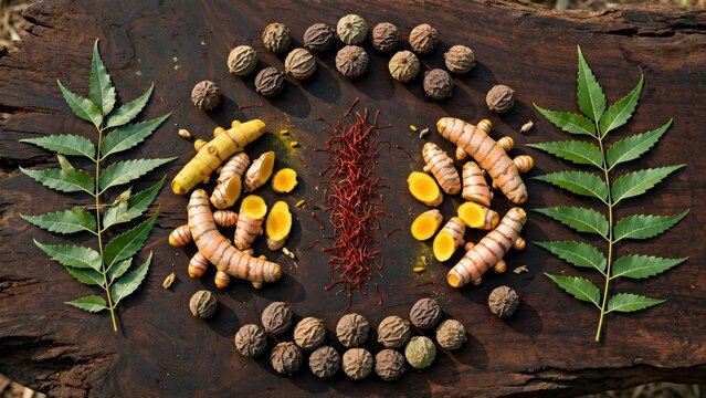 Arrangement of Turmeric Roots, Black Peppercorns, and Curry Leaves on Wood.