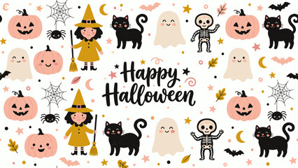 Obraz premium Happy halloween cartoon characters celebrating with jack o lanterns and costumes