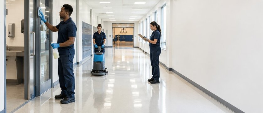School cleaning staff maintaining empty educational facility hallway, education concept