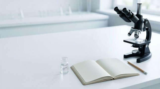Clean Laboratory Workspace Featuring Microscope, Notebook, And Water Resourceful For Scientific Study