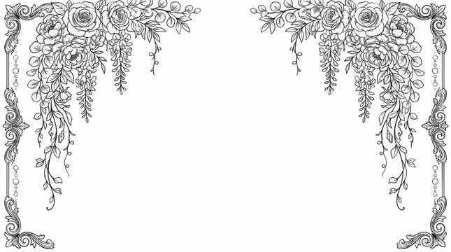 Black and white line art botanical corner border featuring roses, eucalyptus leaves, and hanging wisteria vines on a white background with copy space for text.