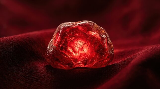 Rough natural ruby gemstone with a fiery red glow, showcasing internal light and intricate textures on a deep red fabric background