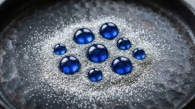 Sparkling Deep Blue Sapphire Cabochons Arranged on Glittering Silver Sand