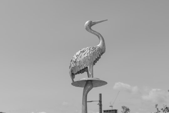 black and white view of "Homing" an art installation by Nadia Belerique & Tony Romano, on the Lassonde Art Trail, at Biidaasige Park, Port Lands, Toronto