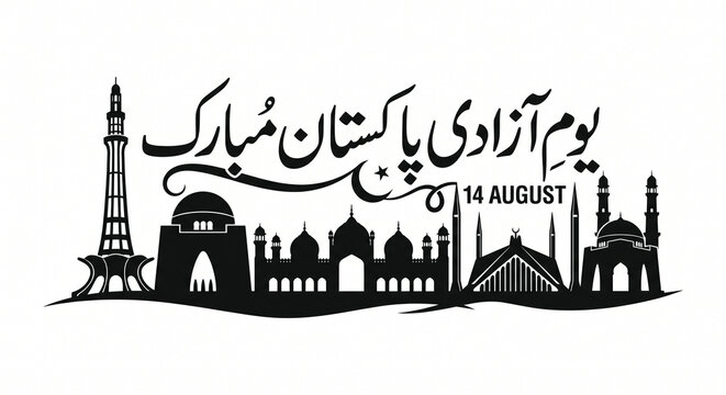 Elegant Black and White Pakistan Independence Day 14 August Vector Silhouette of Landmarks and Urdu Calligraphy for 2026 Celebration