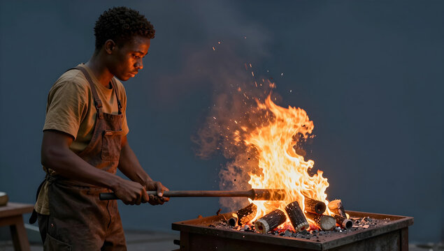 Blacksmith apprentice stoking fire in forge