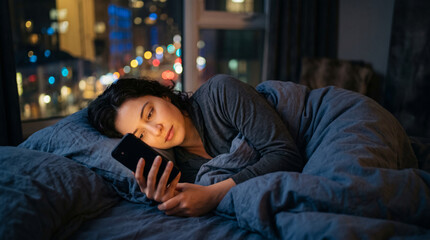 Fototapeta premium Woman in bed at night looking at her smartphone with city lights in the background