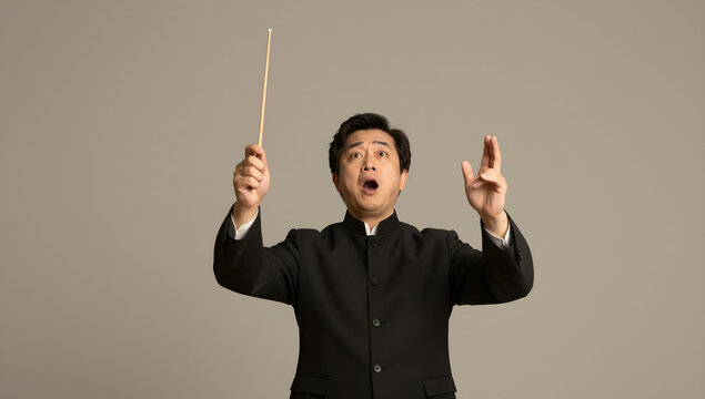 Classical choir conductor holding a wooden baton raised high