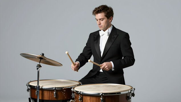 Classical Timpanist Playing Timpani in Tuxedo