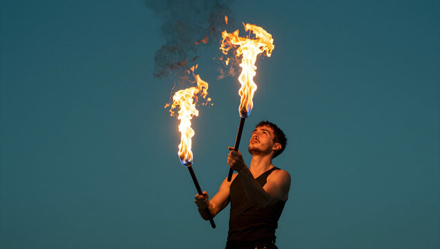 Flame Juggler Performing with Fire Torches