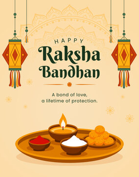 Happy Raksha Bandhan Greeting Card with Traditional Diya, Indian Sweets and Festive Decorative Elements