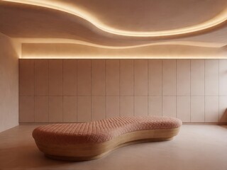 Obraz premium Retro organic shaped bench with soft lighting in a minimalist room. Use: interior design magazine, hotel lobby, spa advertisement.