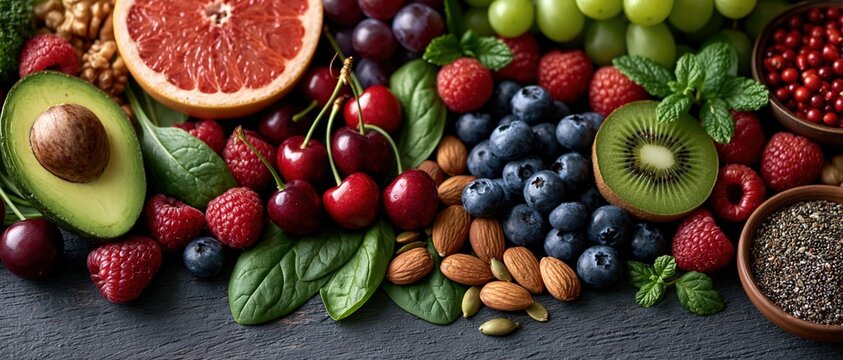 Wholesome abundance for wellness focused design. Blueberries, raspberries, cherries, avocado, grapefruit, kiwi, almonds, spinach, and chia seeds styled on dark wood.