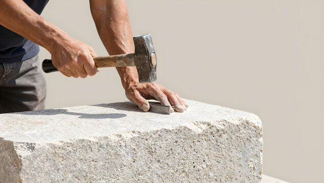 Mason shaping limestone block with hammer and chisel