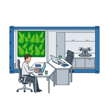 Man working inside a modern shipping container office with a drone and laptop