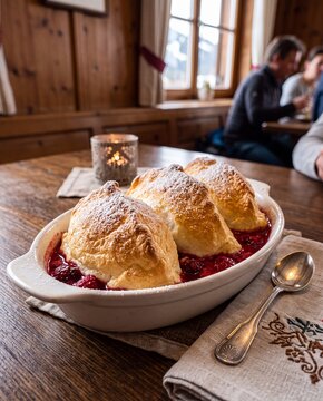 Traditionelle Salzburger Nockerl auf Fruchtspiegel in einem rustikalen Alpenrestaurant