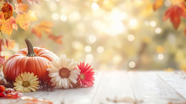 Elegant autumn arrangement featuring white pumpkins and vibrant orange and white flowers on a rustic white wooden table, with a warm, glowing background. Harvest in autumn. Halloween background