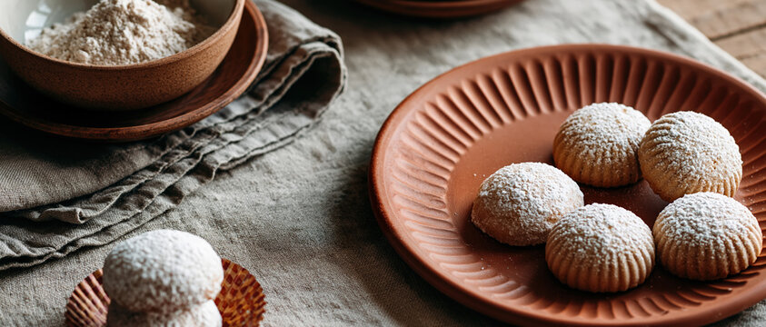 Artisan Spanish holiday shortbread cookies dusted with powdered sugar, styled on rustic terracotta with linen. Perfect for festive baking, cultural food editorial, and seasonal recipe.
