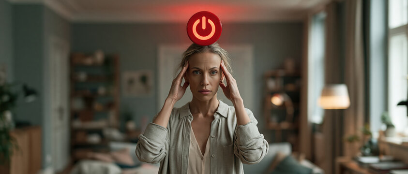 Stressed woman holds temples as a glowing red power button hovers above her head, symbolizing mental exhaustion, digital overload, and the desperate need to disconnect and recharge.