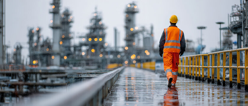 Rear view of industrial worker in orange safety jacket and helmet walking through refinery plant in rainy conditions. Concept of oil industry, maintenance, safety, engineering and industrial workforce
