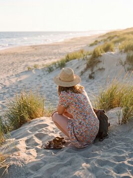 Junge Frau mit Strohhut hockt in den Sandd&uuml;nen am Strand und blickt aufs Meer