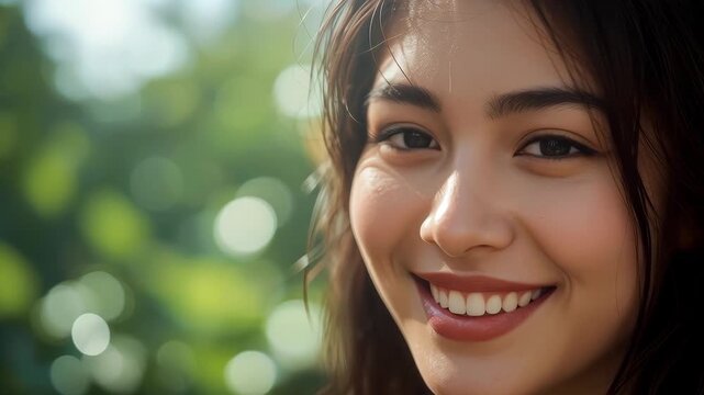 Smiling woman portrait closeup face natural light blurred green background outdoor