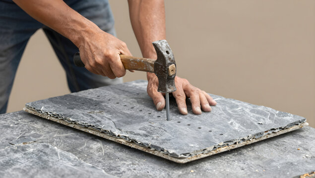 Slate roofer using a slate hammer to punch nail holes