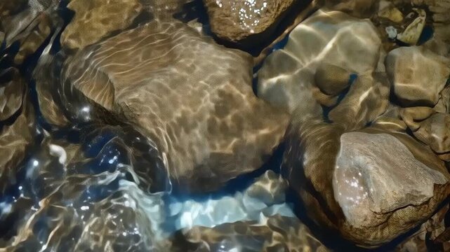 Clear water over smooth rock, rippled stream light, natural stone texture, sun reflection