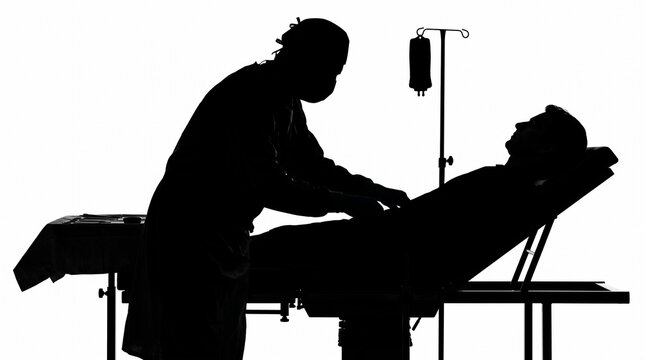 Silhouette of a healthcare worker attending to a patient in a hospital bed