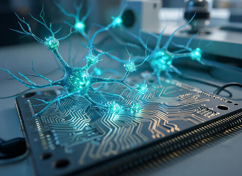 Biological neurons growing on electronic microchip, artificial intelligence and neuromorphic computing concept