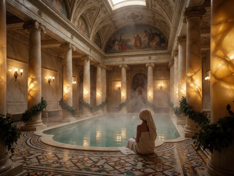 Woman in towel by pool in ornate classical spa interior with mural and columns. Use: spa advertisement, wellness blog, interior design.