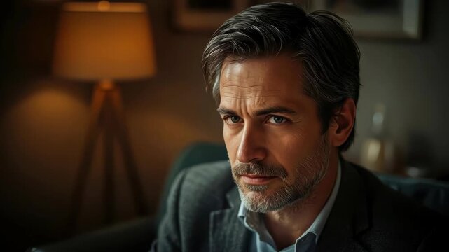 Portrait of middle aged man, serious expression in warm indoor light, thoughtful mood